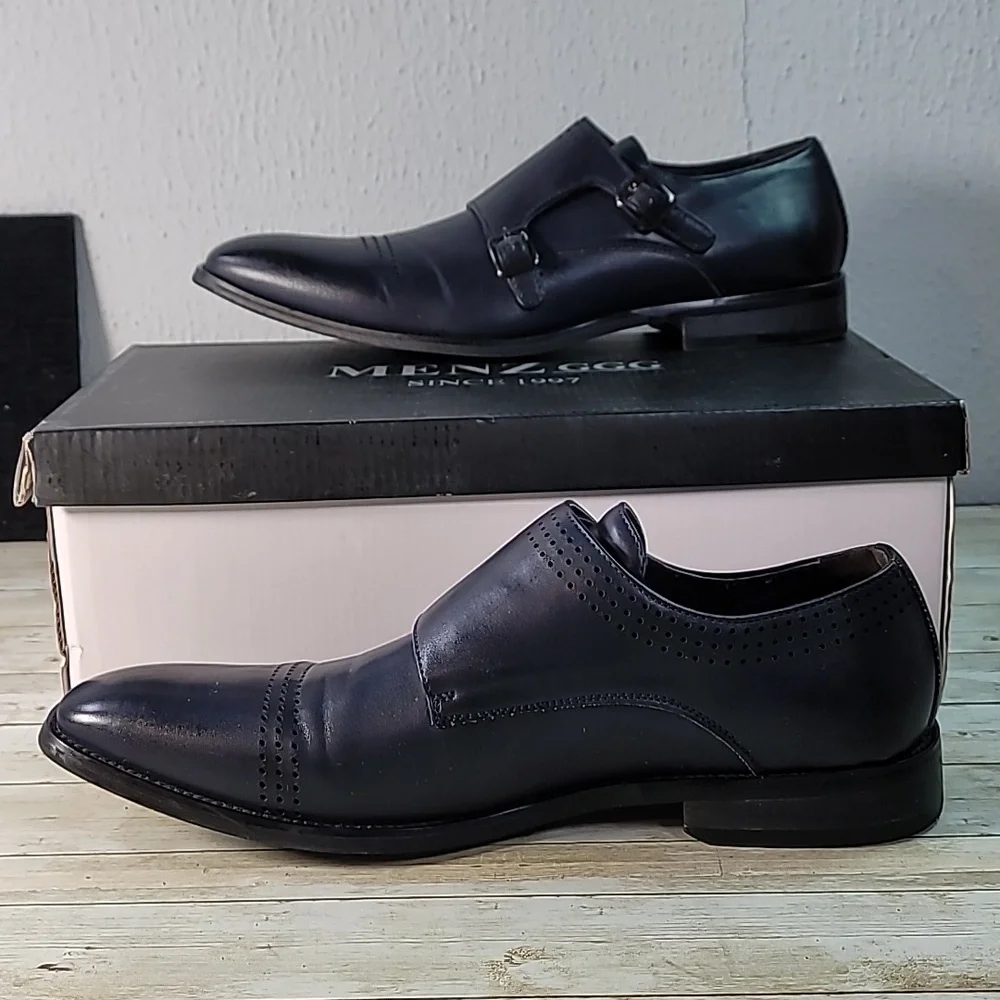 Menz GGG Double Monk Strap Men's Dress Shoes Navy Blue Pleather‎ Silver Hardware